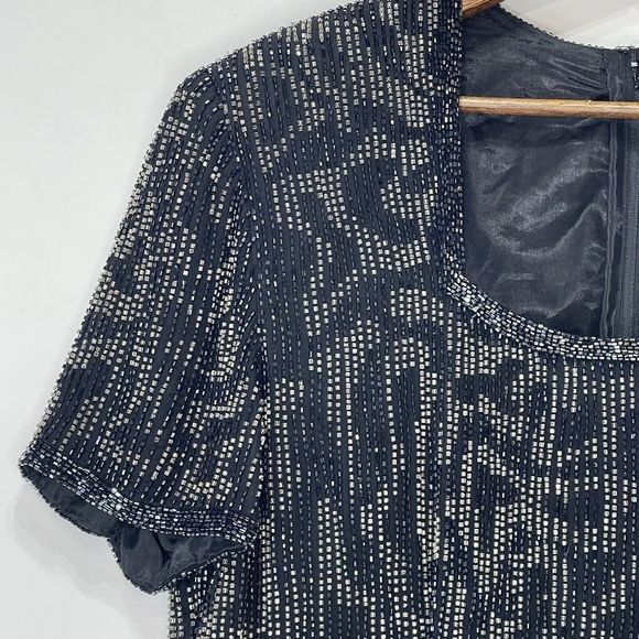 Vintage Dress Gown Midi Black Beaded Silk Evening Party Size M 90's 80's - Picture 11 of 16